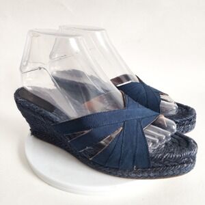 Stubbs & Wootton Sandals 37 / 6 Espadrille Wedge Blue Ribbon Slip On Open Toe